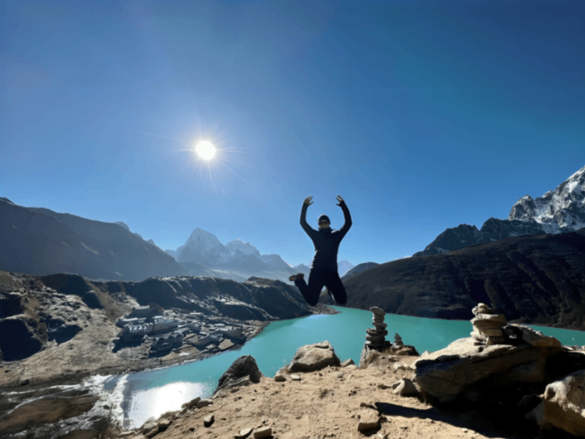Trekker expressing happiness, Captured after reaching the Gokyo Lake.